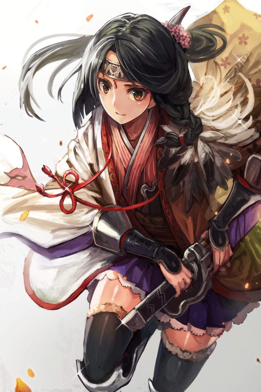 absurdres armor black_hair brown_eyes character_request coat feathers flower gauntlets hair_flower hair_ornament headband highres nigoro sword thigh-highs weapon