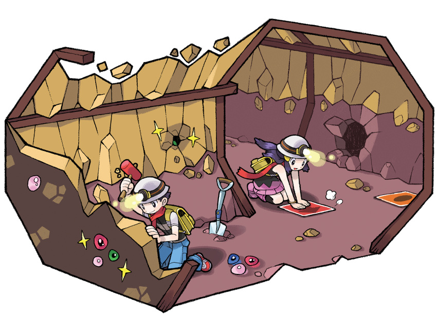 1boy 1girl :d artist_request backpack bag black_hair black_pants black_shirt boots cave cave_interior closed_mouth gem hammer happy highres hikari_(pokemon) holding holding_hammer kneeling long_hair long_sleeves lucas_(pokemon) mining mining_helmet official_art open_mouth pants pink_footwear pink_skirt planted planted_shovel pokemon pokemon_dppt poketch purple_hair red_footwear red_scarf rock scarf seiza shirt shoes shovel sitting skirt smile third-party_source transparent_background underground underground_(sinnoh) watch watch