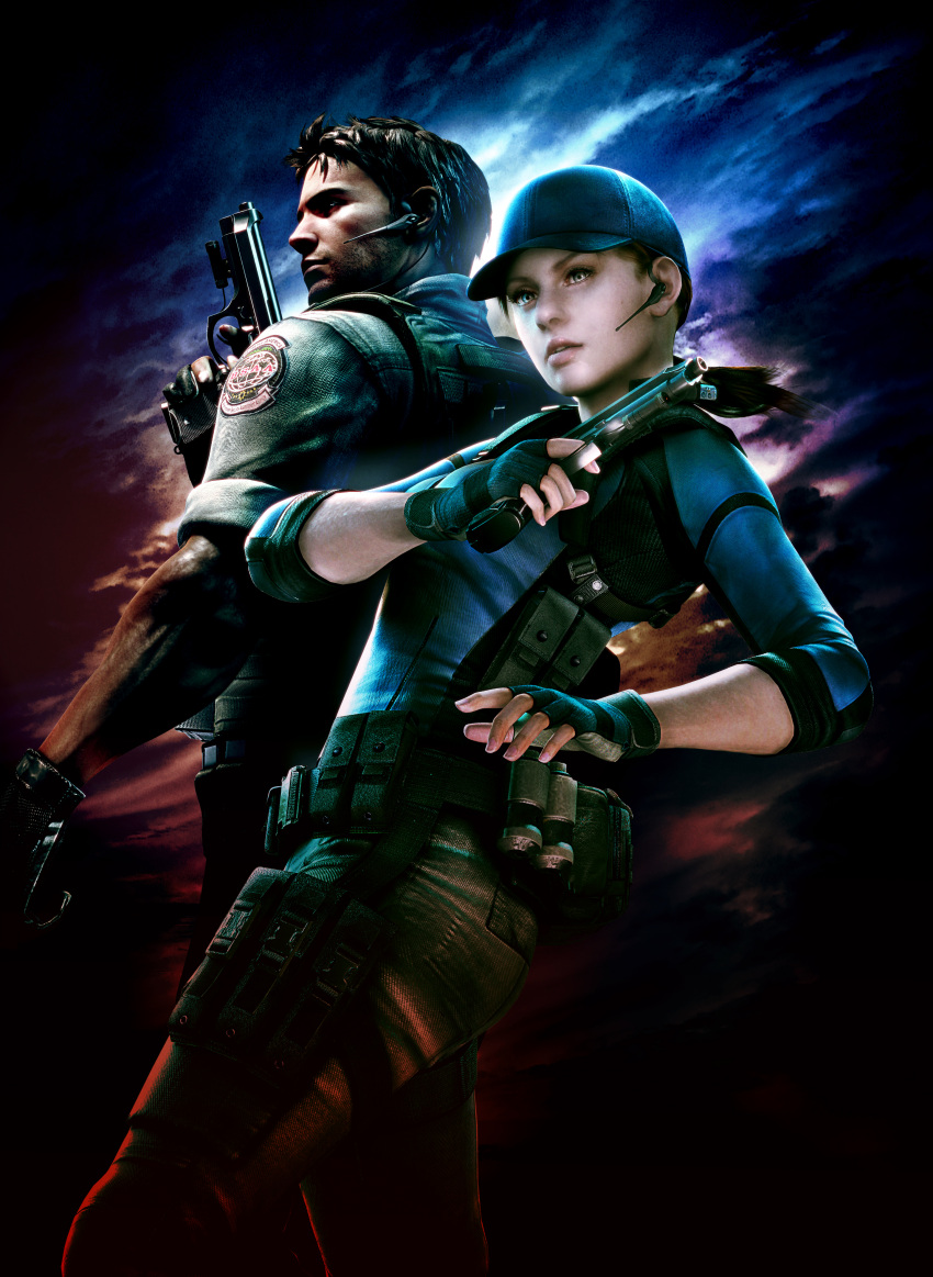 absurdres baseball_cap belt blue_eyes brown_hair capcom chris_redfield fingerless_gloves gloves gun handgun hat headset highres jill_valentine muscle official_art ponytail resident_evil resident_evil_5 short_hair utility_belt weapon