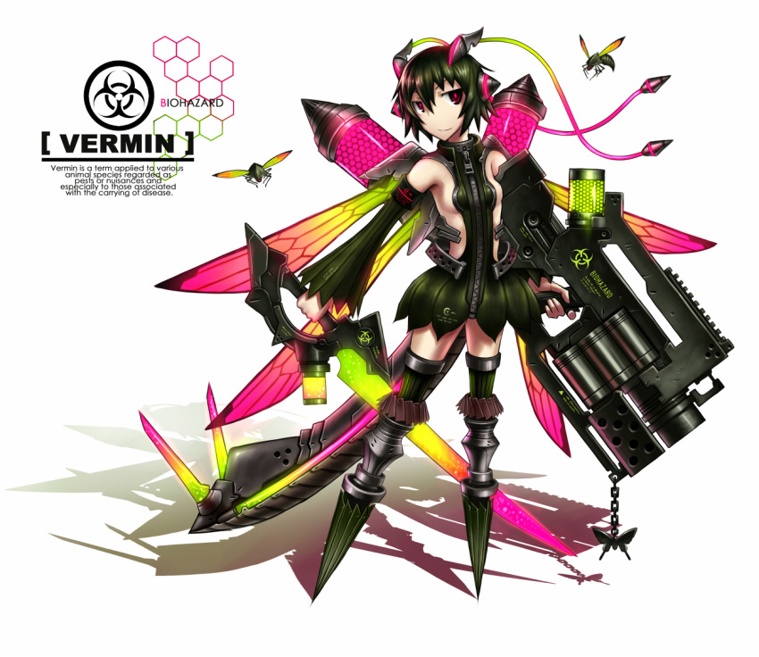 antenna armor breasts chain cyborg detached_sleeves dress dual_wielding gia glowing green_hair gun hair_ornament huge_weapon insect insect_wings original personification pink_eyes shadow short_hair sideboob simple_background smile solo sword tail thighhighs weapon wings zipper