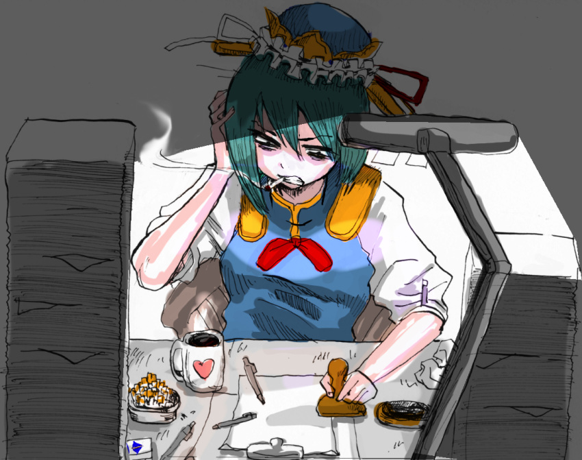 angry ashtray bad_id cigarette coffee cup desk hat mug shikieiki_yamaxanadu short_hair smoking stamp touhou working zouni