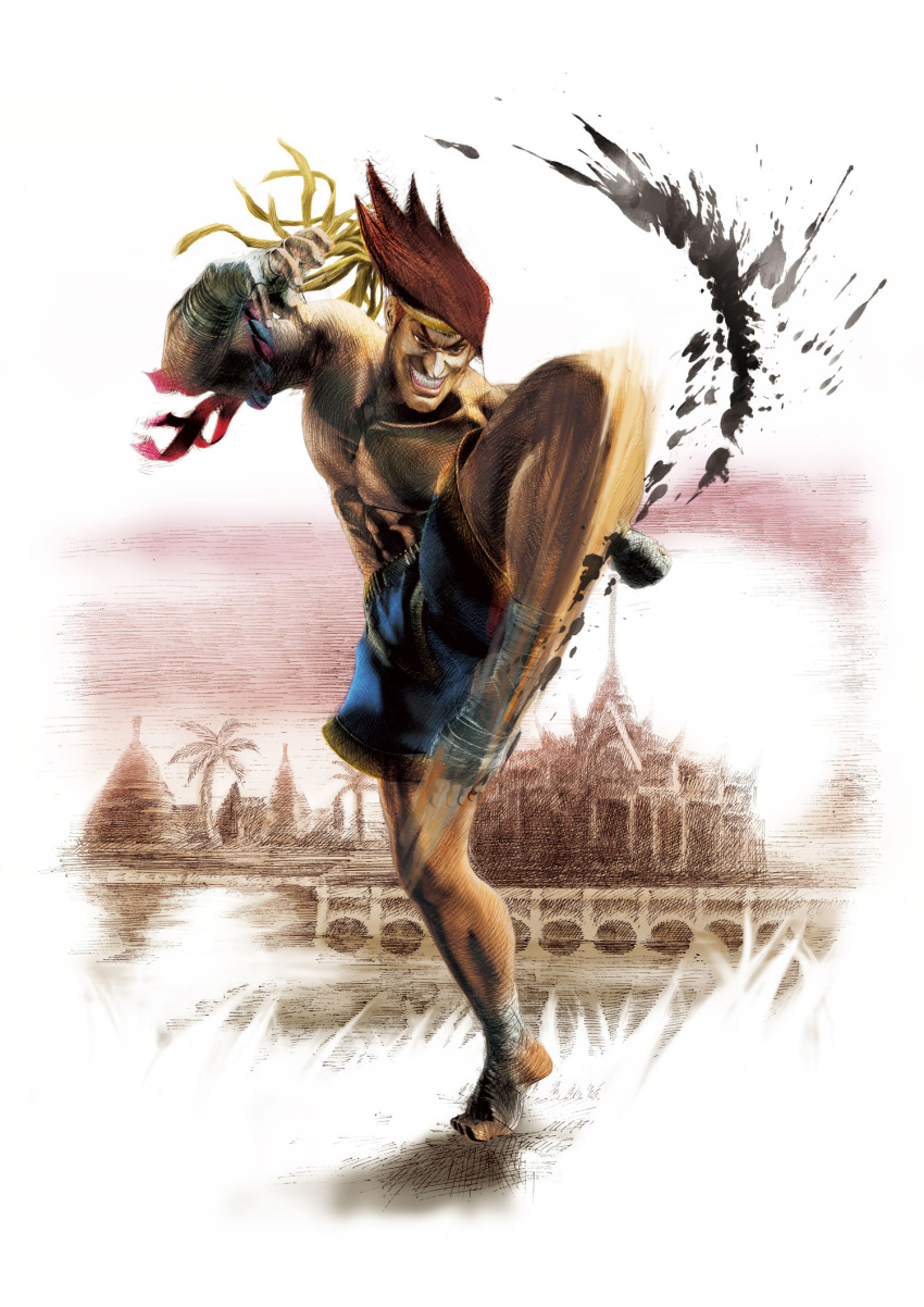 abs adon evil_grin fighting_stance headband highres ikeno_daigo male mongkhon official_art redhead shorts solo street_fighter street_fighter_iv