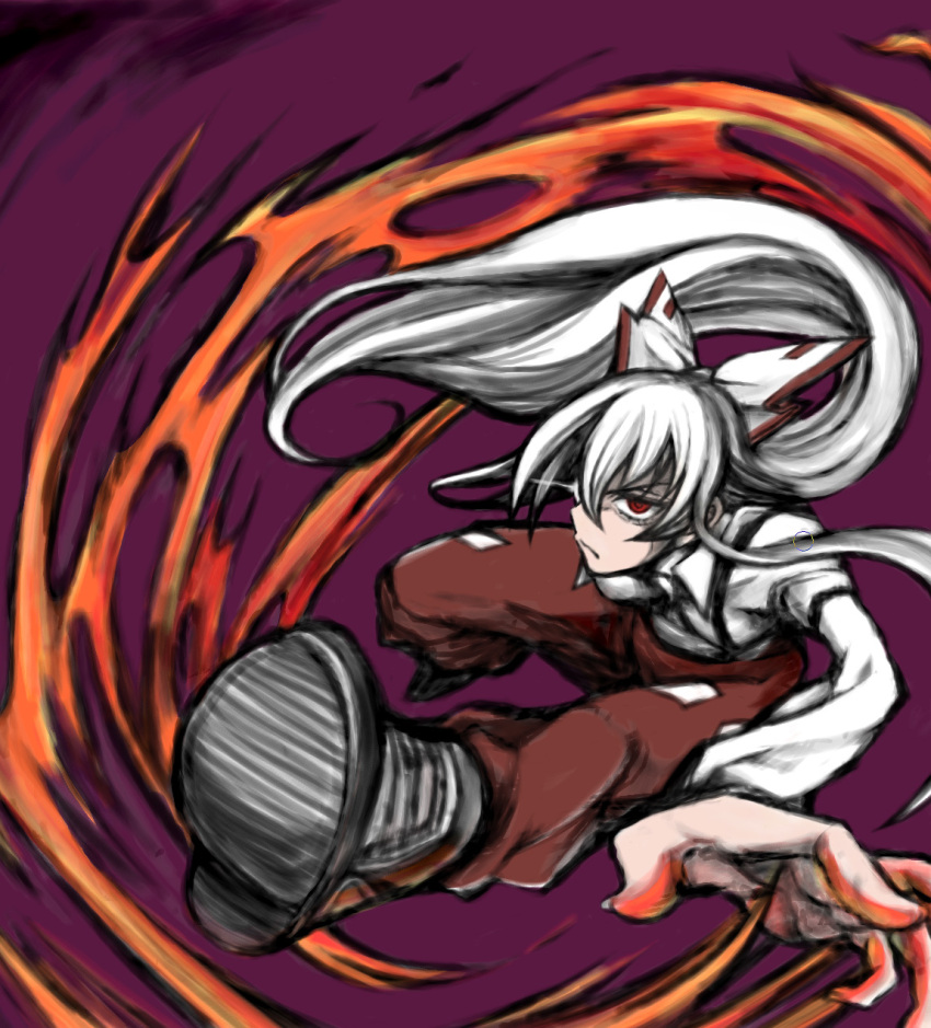 bow fire foreshortening fujiwara_no_mokou hair_bow hair_ribbon highres long_hair outstretched_arm outstretched_hand pants red_eyes ribbon serious shirt shoes silver_hair solo suspenders touhou uousa white_shirt