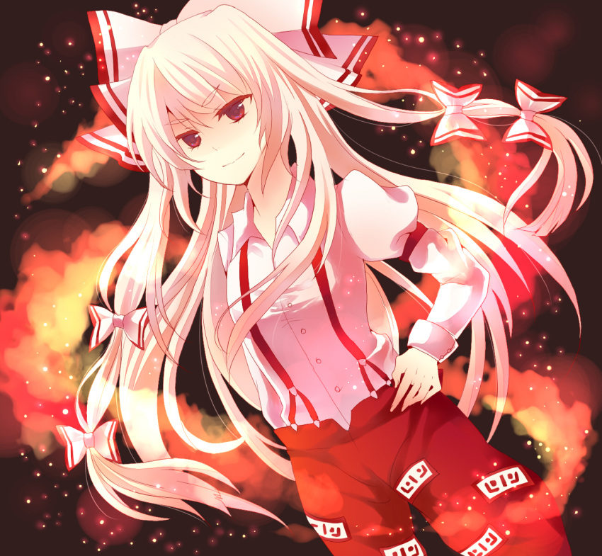 amayoikazuto bad_id bow colored_eyelashes dutch_angle eyebrows fire fujiwara_no_mokou hair_bow hair_ribbon highres long_hair ofuda red_eyes ribbon silver_hair smile solo suspenders touhou