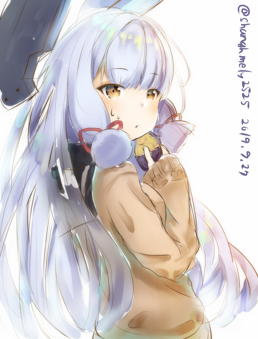 1girl absurdres artist_name blue_hair commentary_request dated eyebrows_visible_through_hair food hair_ribbon headgear highres holding holding_food kantai_collection long_hair looking_at_viewer murakumo_(kantai_collection) orange_eyes ribbon shanghmely simple_background sketch solo sweater sweet_potato tress_ribbon white_background