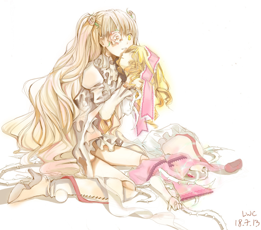 2girls blonde_hair boots closed_eyes cross-laced_footwear dated doll_joints dress eyepatch flower frills grin hair_flower hair_ornament head high_heels highres hina_ichigo iamwclaw kirakishou long_hair mary_janes multiple_girls pink_hair puffy_sleeves rose rozen_maiden shoes sketch smile thorns very_long_hair white_background yellow_eyes
