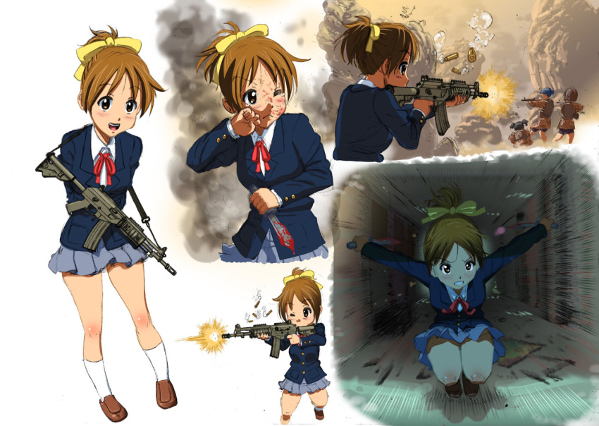 assault_rifle blood casing_ejection firing gun hirasawa_ui imi_galil k-on! knife rifle shell_casing suupii weapon