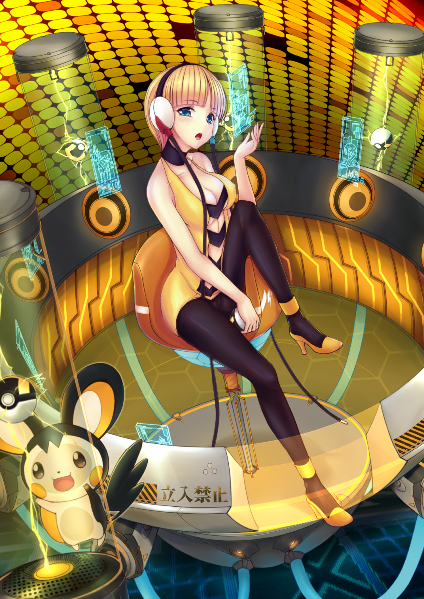 1girl black_legwear blonde_hair blue_eyes blush breasts cable e_neko emolga gym_leader headphones highres kamitsure_(pokemon) open_mouth pantyhose poke_ball pokemon pokemon_(game) pokemon_bw shiny shiny_skin short_hair