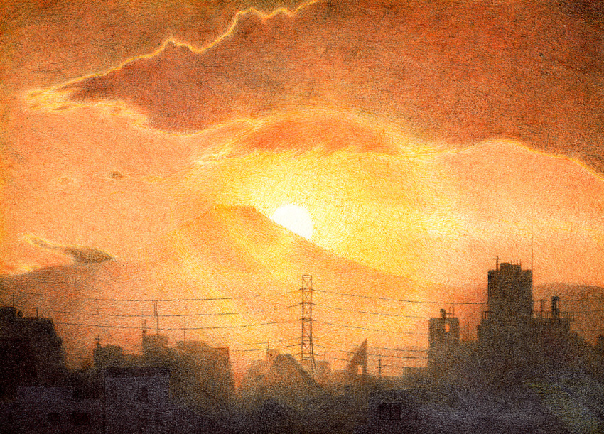 ballpoint_pen_(medium) bronco mount_fuji original power_lines scenery silhouette skyline sunset tokyo_(city) traditional_media