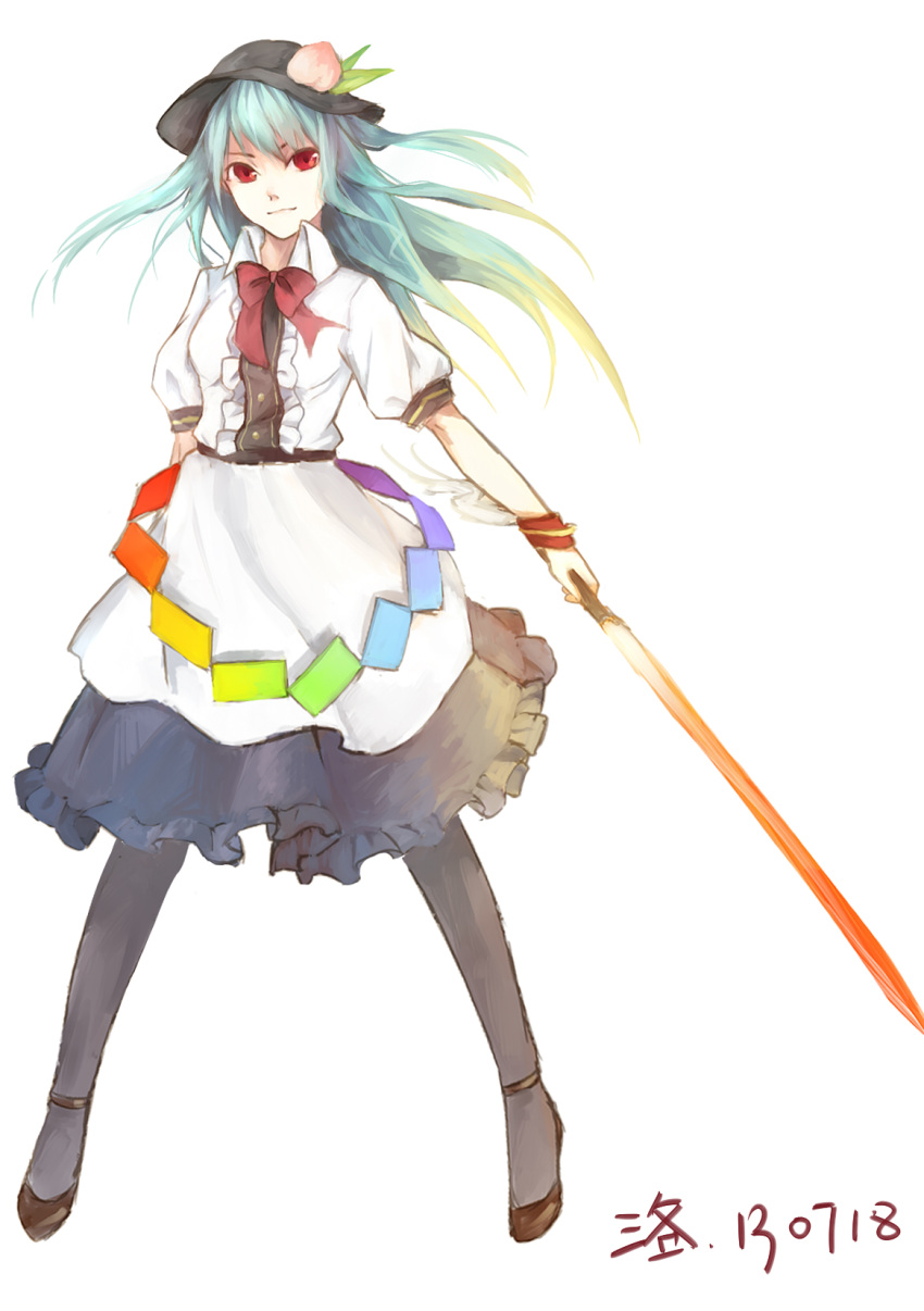1girl artist_name blue_hair dated food fruit gradient_hair hat highres hinanawi_tenshi long_hair luo3554755 multicolored_hair pantyhose peach red_eyes simple_background solo sword sword_of_hisou touhou weapon white_background