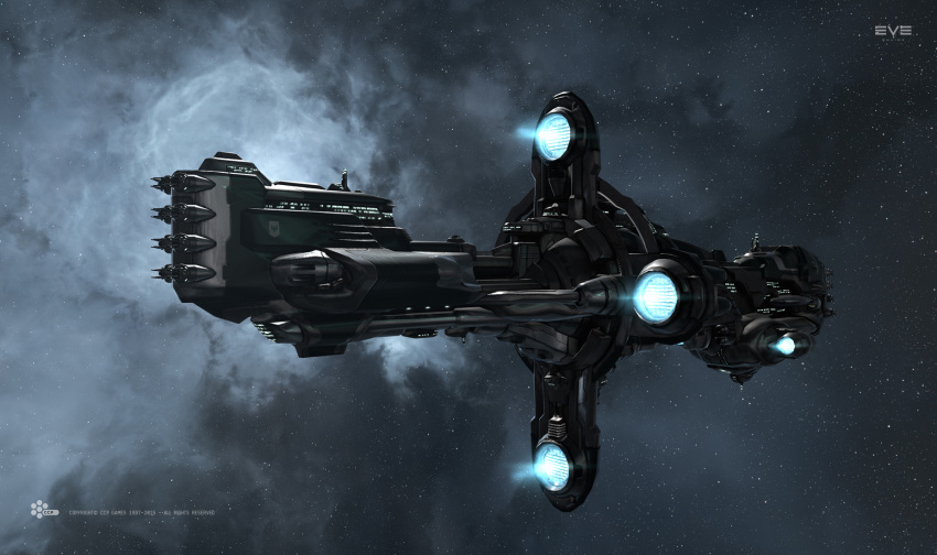 3d battleship_(eve_online) cannon combat_ship_(eve_online) commentary company_logo company_name concept_art copyright_logo copyright_name dated emblem energy_cannon eve_online flying gallente_federation_(eve_online) glowing grey_background highres hyperion_(eve_online) logo military_vehicle nebula no_humans outdoors realistic salvo_(willem_van_biljon) science_fiction sky space spacecraft spacecraft_turret star_(sky) starry_sky thrusters vehicle_focus