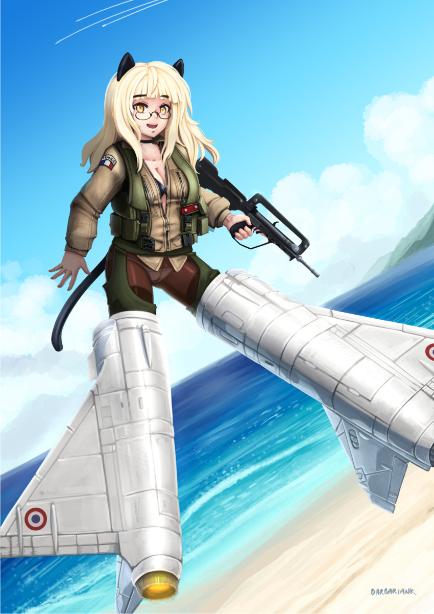 1girl animal_ears assault_rifle barbariank beach black_bra blonde_hair blue_sky bra breasts brown_legwear bullpup cat_ears cat_tail cleavage dutch_angle eyebrows famas flak_jacket flying glasses gun highres jacket ocean panties panties_under_pantyhose pantyhose perrine_h_clostermann rifle semi-rimless_glasses sky small_breasts solo strike_witches striker_unit tail trigger_discipline under-rim_glasses underwear unzipped weapon yellow_eyes