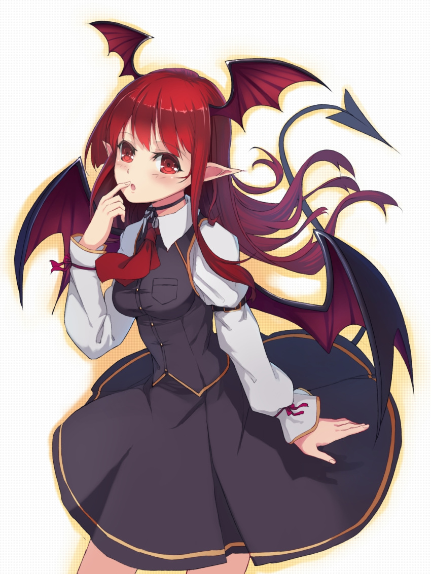 1girl :o ascot bat_wings breasts choker demon_girl demon_tail head_wings highres koakuma long_hair long_sleeves pointy_ears red_eyes redhead shirt skirt solo tail ti-tang touhou vest wings