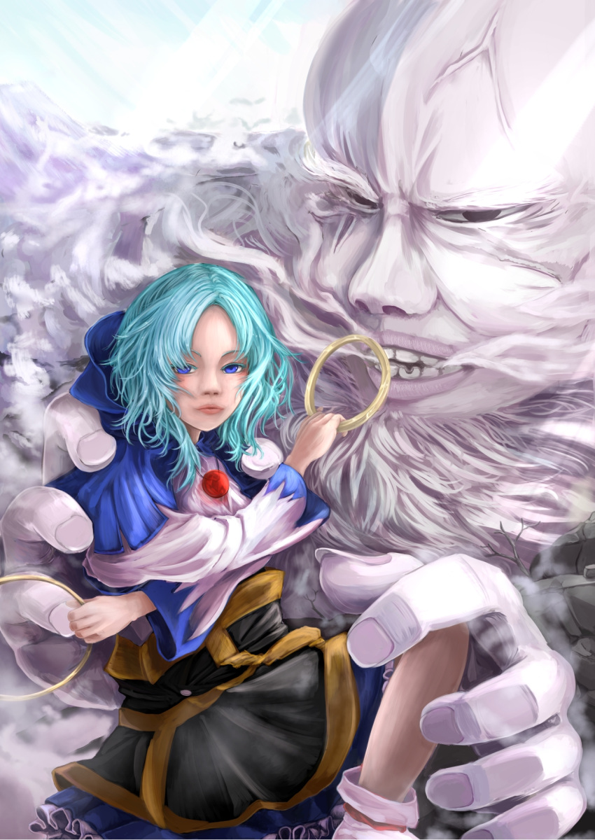 1boy 1girl ankle_socks beard blue_eyes blue_hair blue_sky chaki_(emeraldia) clouds crossed_arms facial_hair fingernails highres hood_down hoop jewelry kesa knee_up kumoi_ichirin lips long_sleeves looking_at_viewer mountain pendant short_hair skirt sky teeth touhou unzan weapon