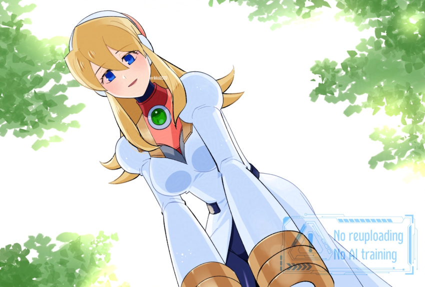 1girl alia_(mega_man) bent_over blonde_hair blue_eyes breasts chest_jewel coat lab_coat long_hair medium_breasts mega_man_(series) mega_man_x_(series) rikka_(user_hruv2435) robot_girl solo watermark white_coat