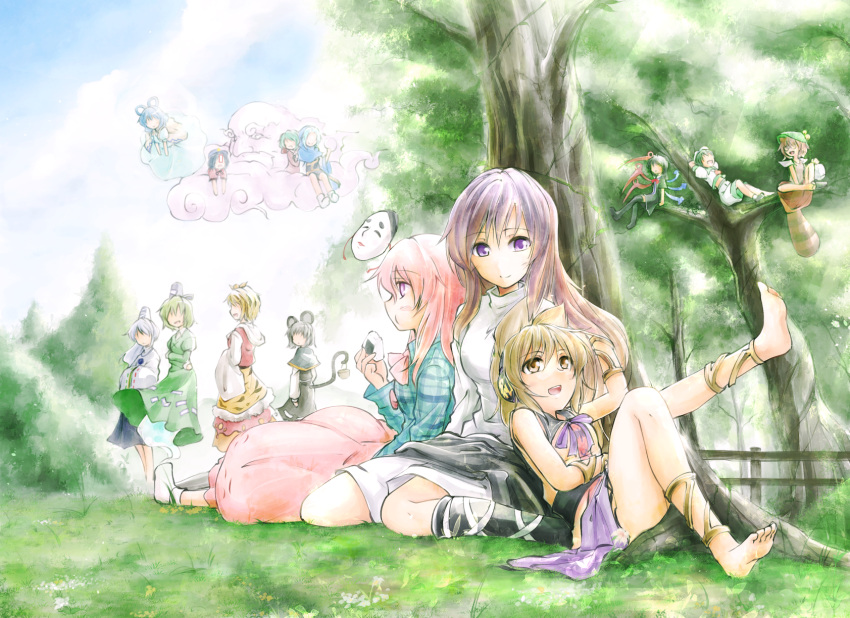 6+girls animal_ears asymmetrical_wings barefoot bow brown_eyes brown_hair dress earmuffs eating expressionless face_mask food futatsuiwa_mamizou gradient_hair grass hat hata_no_kokoro highres hijiri_byakuren houjuu_nue in_tree kakao_(noise-111) kaku_seiga kasodani_kyouko kumoi_ichirin leaf leaf_on_head long_hair long_sleeves mask miyako_yoshika mononobe_no_futo mouse_ears mouse_tail multicolored_hair multiple_girls murasa_minamitsu nazrin onigiri pink_eyes pink_hair plaid plaid_shirt purple_hair raccoon_tail shirt short_hair sitting sitting_in_tree skirt smile soga_no_tojiko tail tate_eboshi toramaru_shou touhou toyosatomimi_no_miko tree unzan very_long_hair violet_eyes wariza wide_sleeves wings