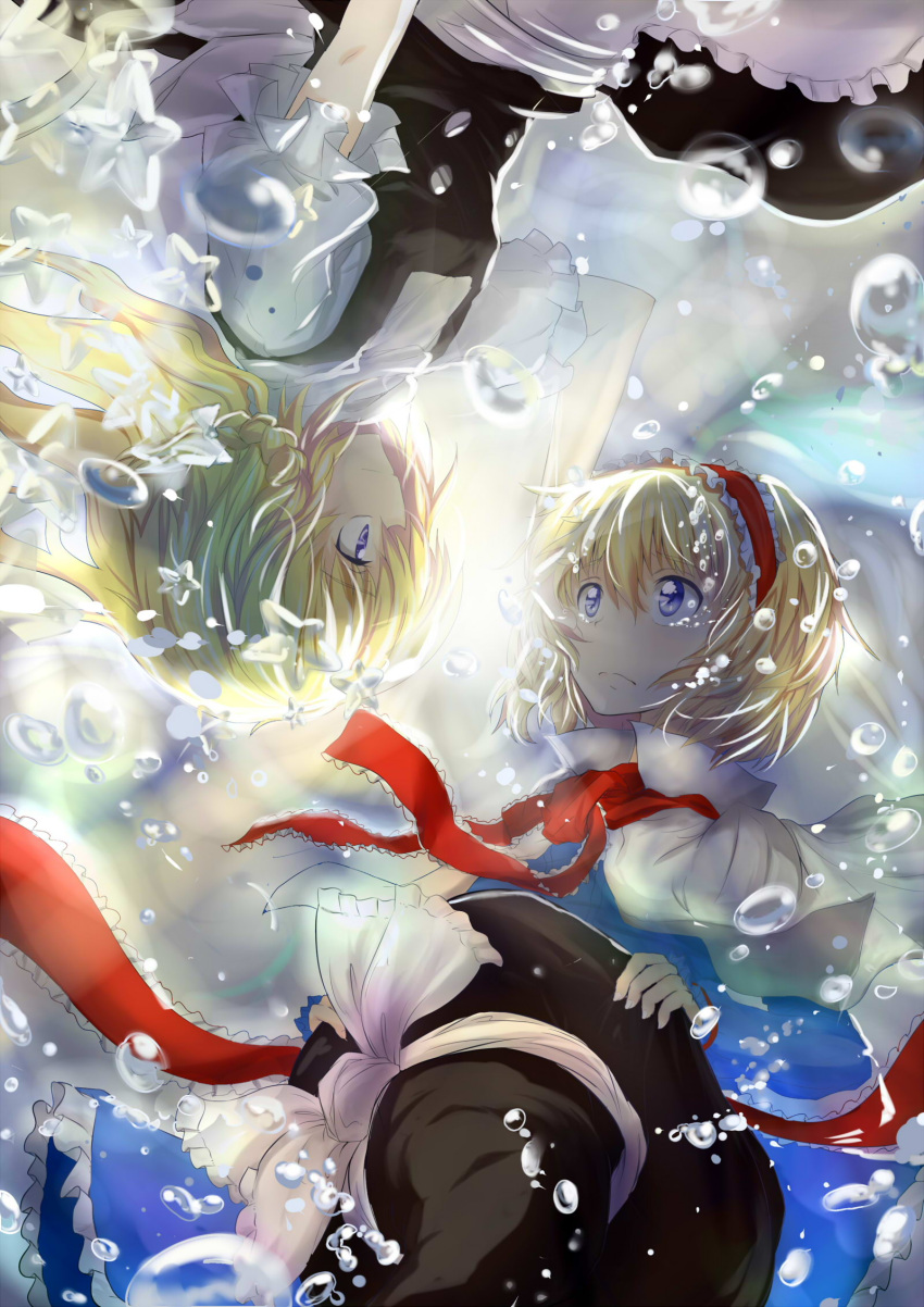 2girls alice_margatroid apron blonde_hair blue_eyes bow braid bubble caibao capelet dress eye_contact frown hair_bow hairband hand_on_another's_face hat hat_removed hat_ribbon headwear_removed highres holding holding_hat kirisame_marisa light_smile lolita_hairband long_hair looking_at_another multiple_girls puffy_short_sleeves puffy_sleeves ribbon sash short_hair short_sleeves single_braid skirt skirt_set tears touhou underwater upside-down waist_apron