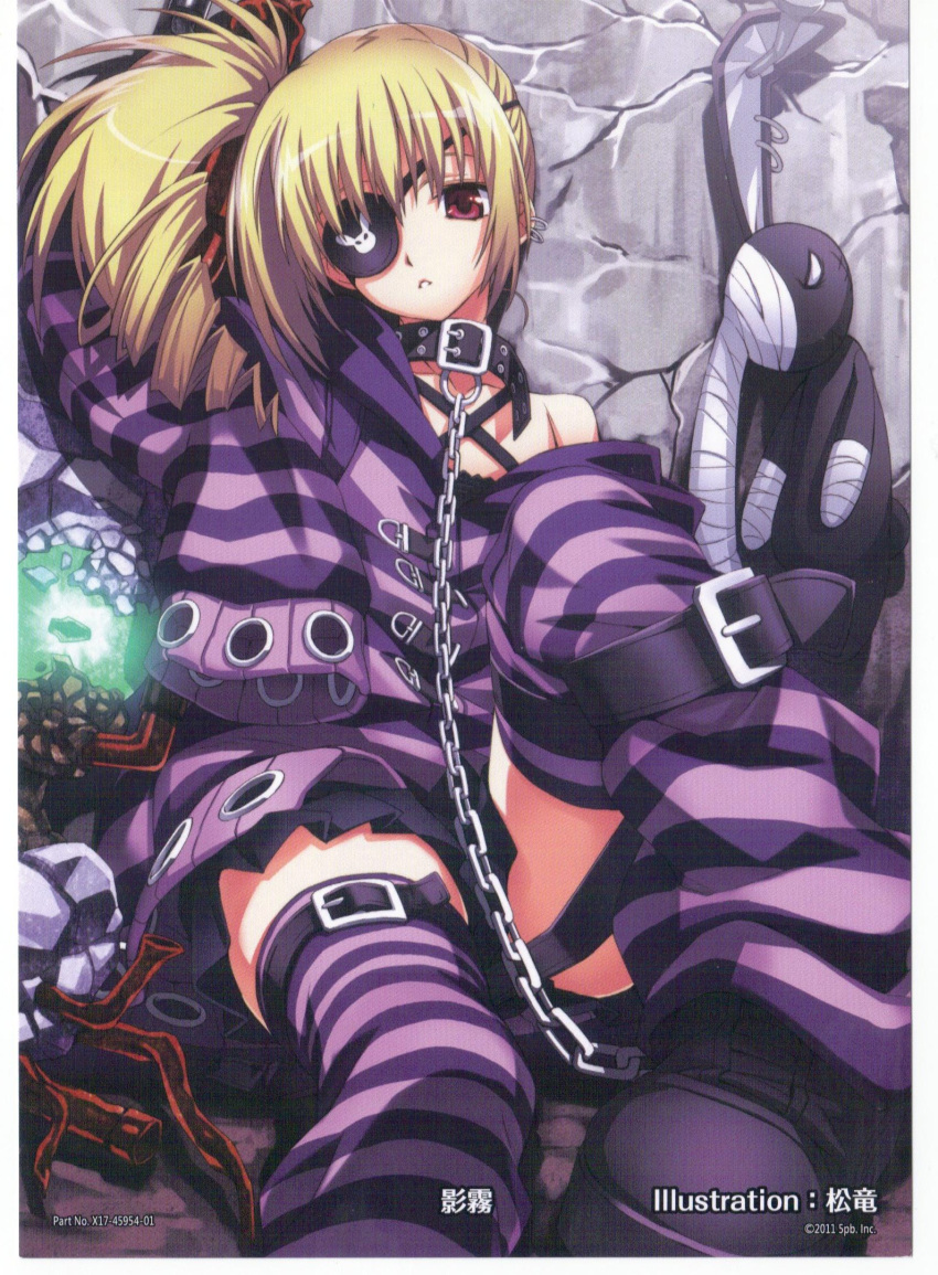 :&lt; against_wall artist_request bandages bare_shoulders blonde_hair chain collar concrete drill_hair earrings eyepatch femsub flat_chest highres jewelry leash long_hair m_(phantom_breaker) official_art oversized_clothes phantom_breaker pleated_skirt red_eyes side_ponytail sitting skirt striped striped_legwear stuffed_toy sweater thigh-highs