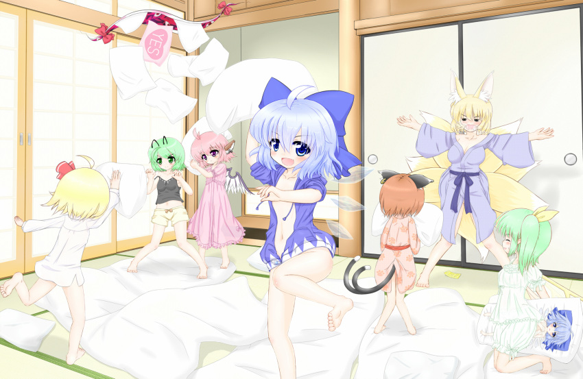 6+girls =_= animal_ears antennae bare_legs barefoot blonde_hair blue_eyes blue_hair blush bow breasts brown_hair cat_ears cat_tail chen cirno cleavage daiyousei dakimakura_(object) earrings fox_ears fox_tail futon gap green_eyes green_hair hair_bow hair_ribbon heavy_breathing highres ice ice_wings jewelry looking_at_viewer mofu_mofu multiple_girls multiple_tails mystia_lorelei navel open_clothes open_mouth outstretched_arms pajamas pillow pillow_fight pink_eyes pink_hair ribbon rumia short_hair side_ponytail tail touhou unzipped wings wriggle_nightbug yakumo_ran yes-no_pillow