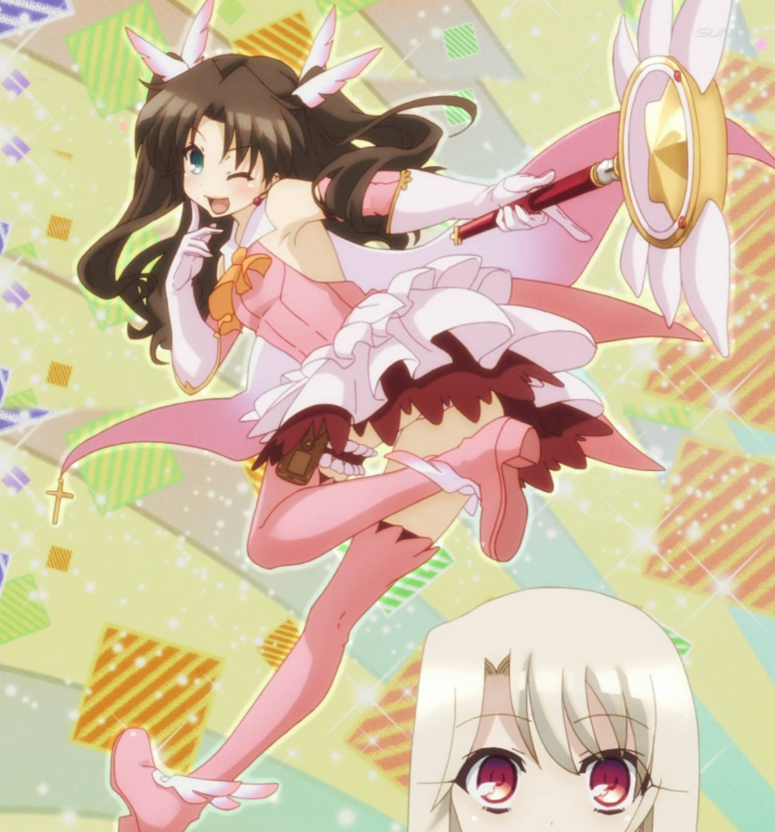 blush boots brown_hair fate/kaleid_liner_prisma_illya fate_(series) green_eyes highres illyasviel_von_einzbern light_hair long_hair magical_girl prisma_illya red_eyes screencap sparkle thigh-highs thigh_boots tohsaka_rin toosaka_rin wand