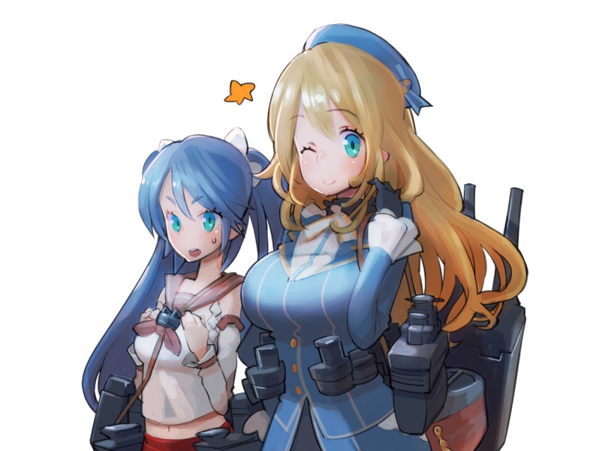 atago_(kantai_collection) black_gloves blonde_hair blue_eyes blush breast_envy breasts detached_sleeves gloves hair_ribbon hat huge_breasts isuzu_(kantai_collection) kantai_collection large_breasts long_hair looking_at_viewer military military_uniform multiple_girls open_mouth personification ribbon skirt smile sweatdrop twintails uniform xanado