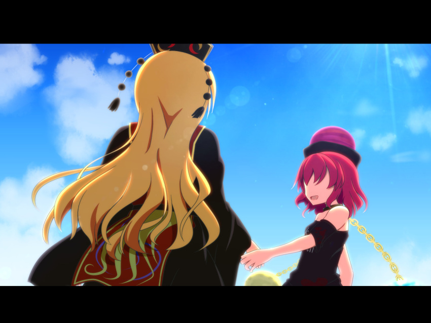 2girls :d bare_shoulders blonde_hair blue_sky cato_(monocatienus) chains clouds collar commentary_request faceless faceless_female hand_holding hat hecatia_lapislazuli junko_(touhou) letterboxed long_hair multiple_girls off-shoulder_shirt open_mouth outdoors pink_hair shirt short_hair sky smile sunlight touhou