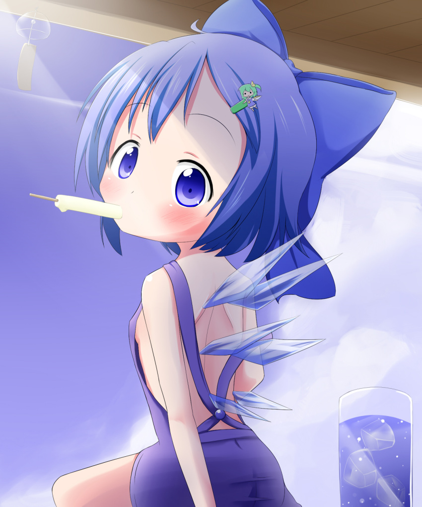 1girl adapted_costume backless_outfit blue_dress blue_eyes blue_hair blue_sky blush bow breasts cirno daiyousei dress drink drinking_glass green_hair hair_bow hair_ornament hairclip highres ice ice_cube ice_wings looking_at_viewer looking_back makuran mouth_hold popsicle side_ponytail sideboob sky small_breasts solo touhou turning wind_chime wings