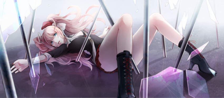 1girl aqua_eyes blood bow broken_glass dangan_ronpa enoshima_junko glass hair_bow hair_ornament highres long_hair necktie pink_hair polearm school_uniform skirt sleeves_rolled_up solo spear spoilers twintails veryberry00 weapon