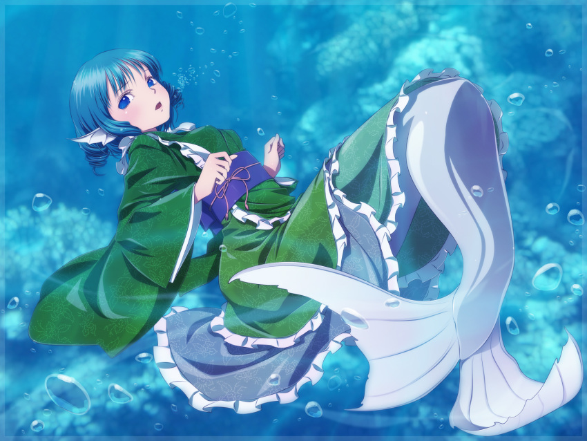 1girl ah-negitorow blue_eyes blue_hair bubble head_fins highres japanese_clothes mermaid monster_girl obi short_hair solo tail touhou underwater wakasagihime