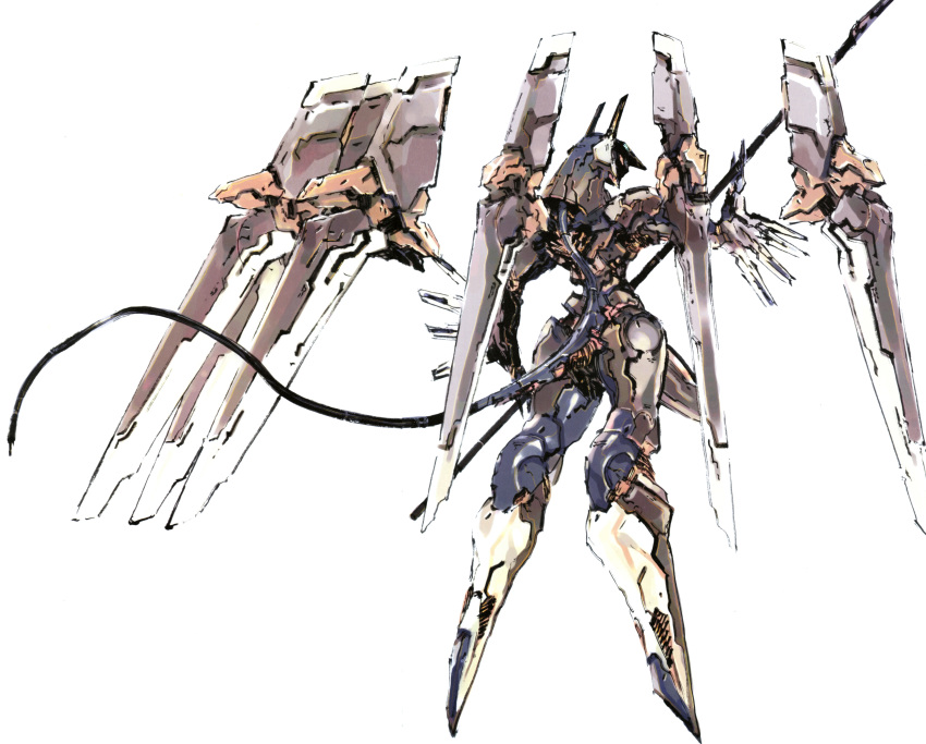 absurdres anubis_(z.o.e) funnels highres konami mecha no_humans official_art orbital_frame polearm scan shinkawa_youji solo spear stitched tail weapon zone_of_the_enders