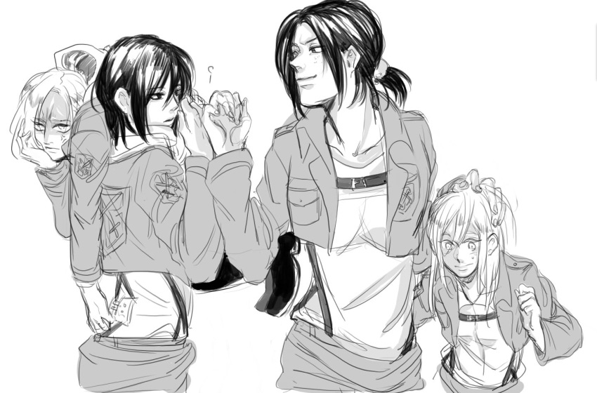 4girls anger_vein annie_leonhardt carrying christa_renz fist_bump hand_on_head jacket mikasa_ackerman monochrome motyu_(ogik123) multiple_girls over_shoulder shingeki_no_kyojin uniform ymir_(shingeki_no_kyojin)