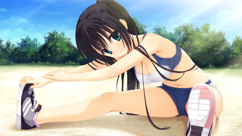1girl amagiri_yune amairo_islenauts ankle_socks black_hair breasts cleavage foreshortening game_cg green_eyes gym_shorts hands_on_feet long_hair looking_at_viewer muririn ponytail shoe_soles shoes sitting smile sneakers solo sports_bra spread_legs stretch sunbeam sunlight