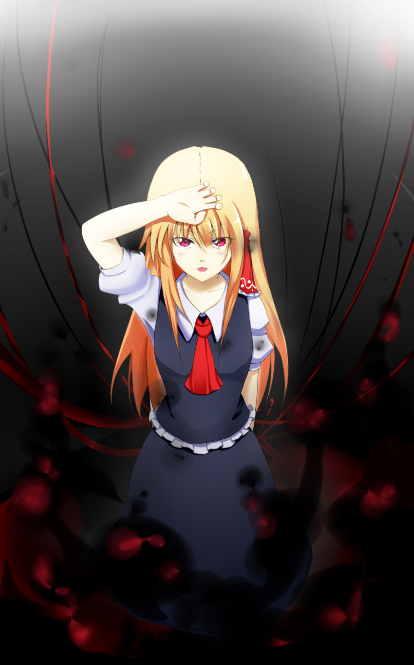 1girl absurdres ao_(syoulass7) arm_behind_back blonde_hair dark_background darkness dress highres light long_hair ribbon rumia tagme touhou