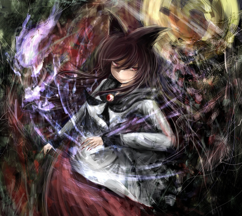 1girl animal_ears brooch brown_hair fang fingernails hitodama imaizumi_kagerou jewelry layered_dress light_smile long_fingernails long_hair long_sleeves looking_at_viewer momen102_(sji09u) multicolored_background red_eyes sharp_fingernails solo touhou wolf_ears