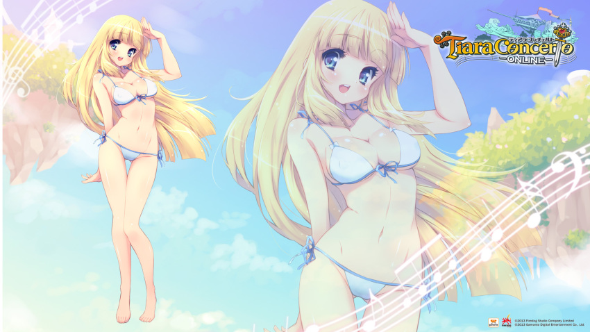 1girl 2013 arm_up artist_request bikini blonde_hair blue_eyes blush breasts character_request cleavage copyright_name eyelashes highres long_hair mound_of_venus musical_note official_art shiny shiny_skin side-tie_bikini smile solo staff_(music) swimsuit thigh_gap tiara_concerto zoom_layer