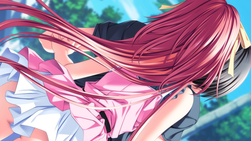 couple dolphin_divers dutch_angle fingers from_behind game_cg interlocked kiss long_hair ogura_minamo pink_hair senomoto_hisashi skirt very_long_hair wind_lift