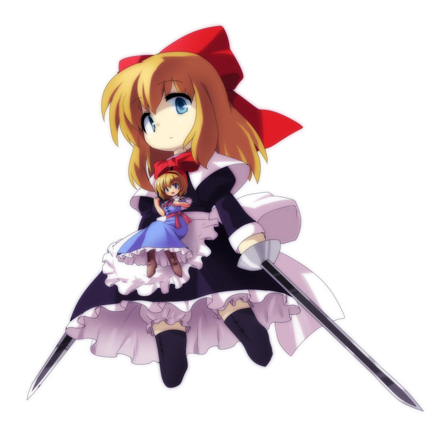 1girl alice_margatroid apron asyura7 blonde_hair bloomers blue_dress blue_eyes boots bow capelet dress dual_wielding goliath_doll hair_bow hairband highres juliet_sleeves long_hair long_sleeves looking_at_viewer open_mouth puffy_sleeves sash short_hair short_sleeves simple_background sitting sitting_on_lap sitting_on_person smile sword touhou underwear upskirt waist_apron weapon white_background
