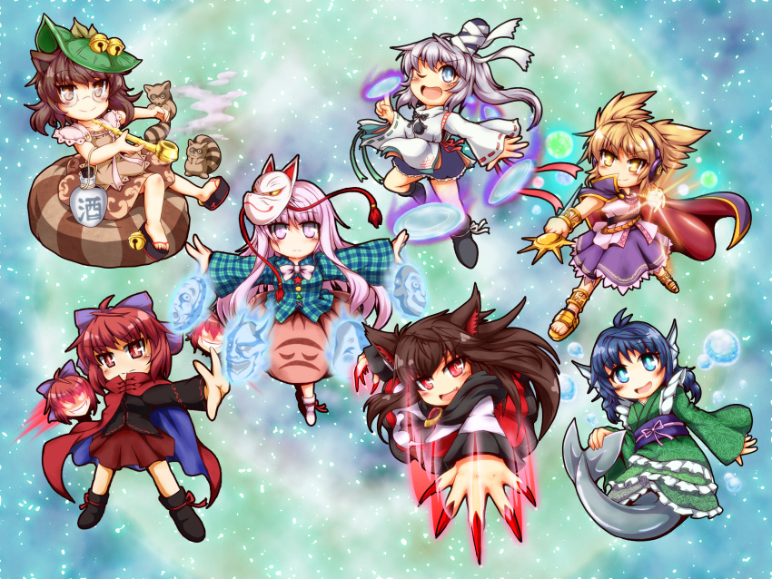 6+girls animal_ears blonde_hair blue_eyes blue_hair blush bow brown_eyes brown_hair cape chibi claws earmuffs fingernails fish_tail fox_mask futatsuiwa_mamizou glasses glowing glowing_eyes gourd grey_hair hair_bow hair_ornament hat hata_no_kokoro highres holding imaizumi_kagerou japanese_clothes kariginu leaf light long_hair long_sleeves looking_at_viewer mask mermaid mononobe_no_futo monster_girl multiple_girls obi open_mouth outstretched_arms pink_eyes pink_hair pipe plaid plaid_shirt raccoon_ears raccoon_tail red_eyes redhead sekibanki shirt short_hair skirt sleeveless smile smirk sore_(whirlwind) tail tanuki tate_eboshi touhou toyosatomimi_no_miko wakasagihime wide_sleeves wink yellow_eyes