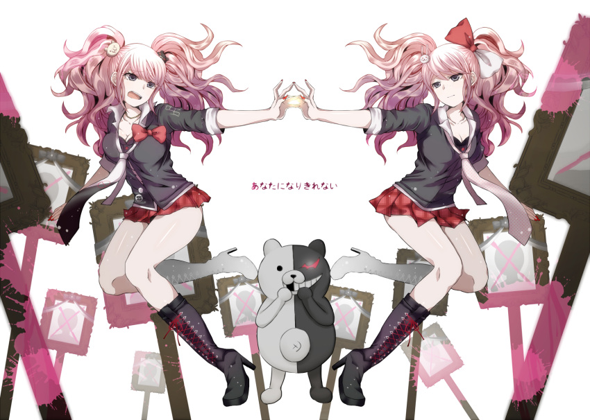 1girl blue_eyes boots bow breasts cleavage dangan_ronpa different_reflection dual_persona enoshima_junko hair_bow hair_ornament highres kiichi_02 long_hair monokuma necktie pink_hair rabbit reflection school_uniform skirt sleeves_rolled_up spoilers twintails