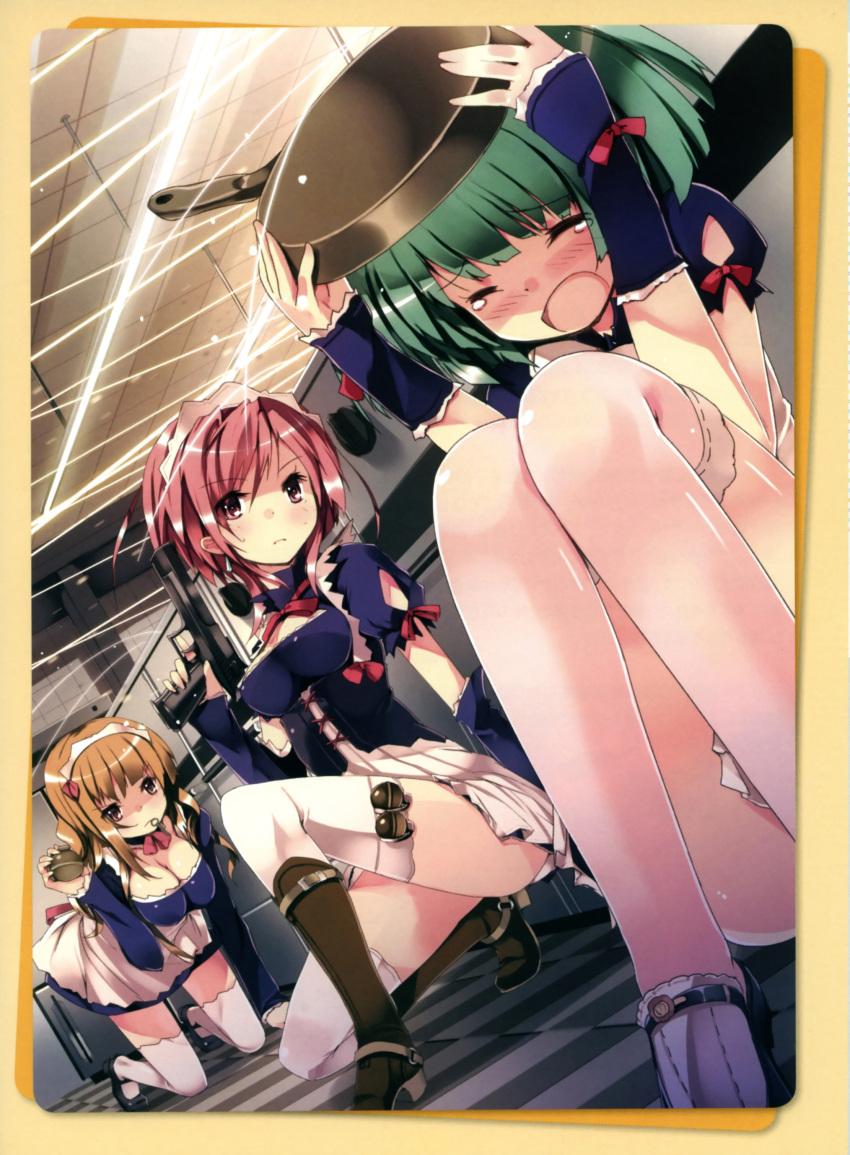 3girls absurdres boots breasts brown_hair character_request checkered checkered_floor cleavage closed_eyes explosive firing frying_pan green_hair grenade gun hairband highres kneeling maid multiple_girls red_eyes redhead refeia scan scared serious shoes short_hair sitting thigh-highs weapon white_legwear