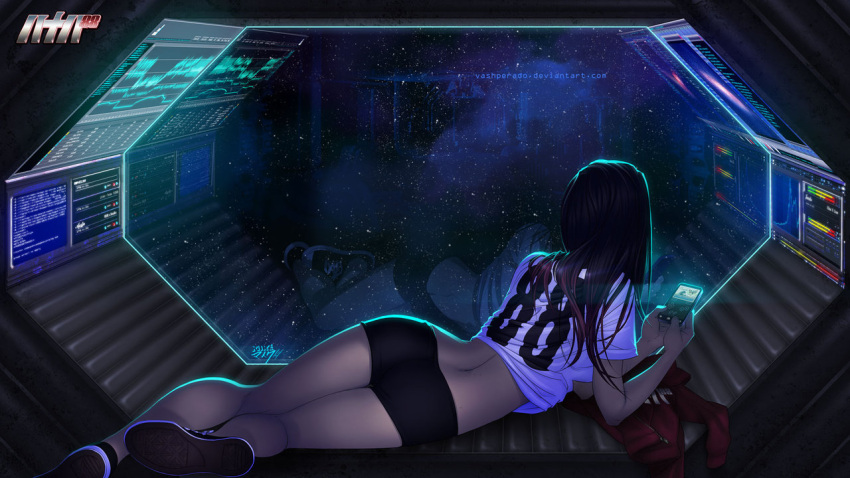 1girl black_hair device from_behind handheld jacket jersey long_hair lying midriff mike_nesbitt on_side original phone pokemon reflection screen short_shorts shorts soles solo space star touchscreen window zipper