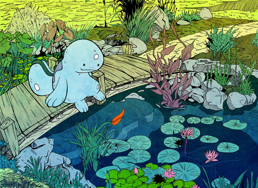 bridge flower hajimikimo lily_pad nature no_humans o_o pokemon pokemon_(creature) pond quagsire scenery sitting solo water