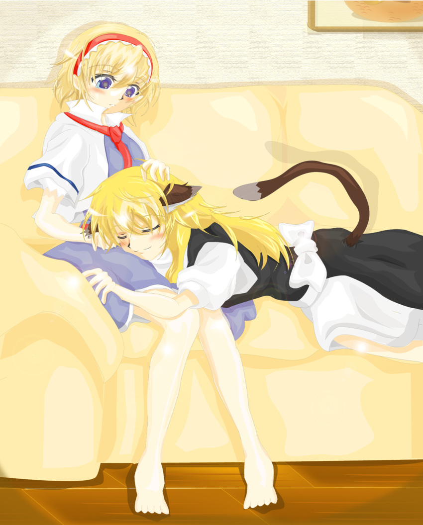 2girls alice_margatroid animal_ears bare_legs barefoot blonde_hair blue_eyes blush_stickers bow capelet cat_ears cat_tail chi-chi closed_eyes couch dress hairband hand_on_another's_head highres indoors kemonomimi_mode kirisame_marisa knees_together_feet_apart lolita_hairband long_hair looking_at_another lying lying_on_lap multiple_girls no_hat on_stomach parted_lips picture_(object) ribbon short_hair short_sleeves skirt skirt_set smile tail touhou