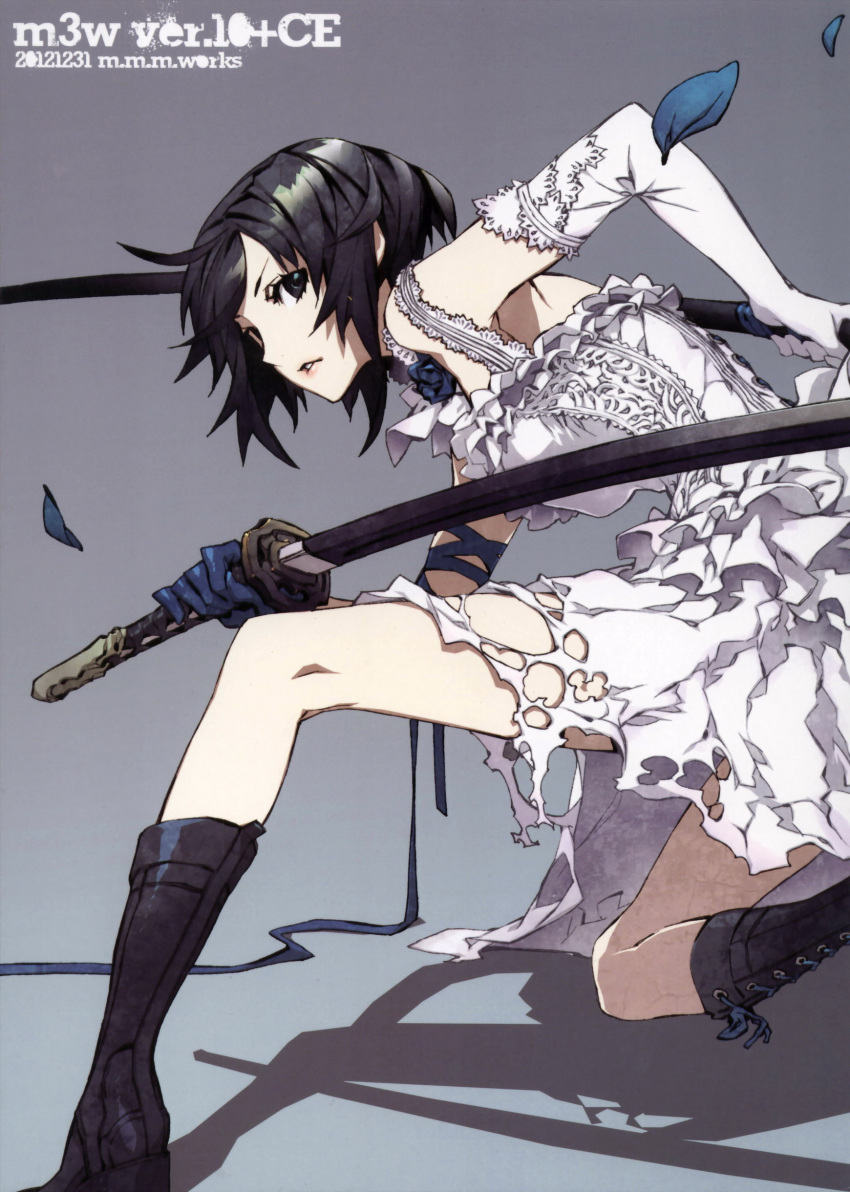 1girl 2012 absurdres artist_request black_eyes black_hair boots character_request dated dogs:_bullets_&amp;_carnage dress expressionless flower fuyumine_naoto gloves grey_background highres knee_boots kneeling looking_back miwa_shirou petals ready_to_draw short_hair single_elbow_glove skirt solo sword torn_clothes weapon white_dress