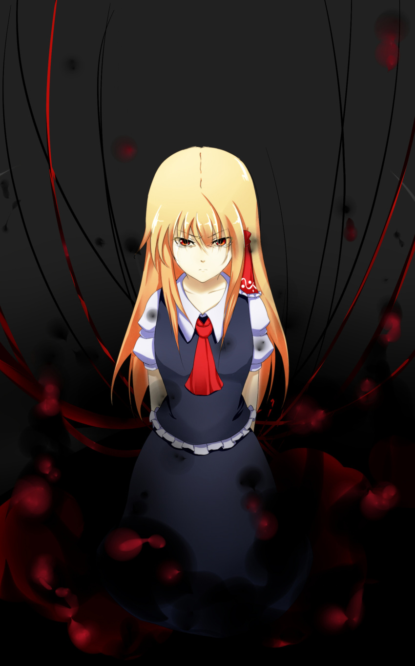 1girl angry ao_(syoulass7) arms_behind_back blonde_hair dark_background darkness dress highres long_hair ribbon rumia solo touhou