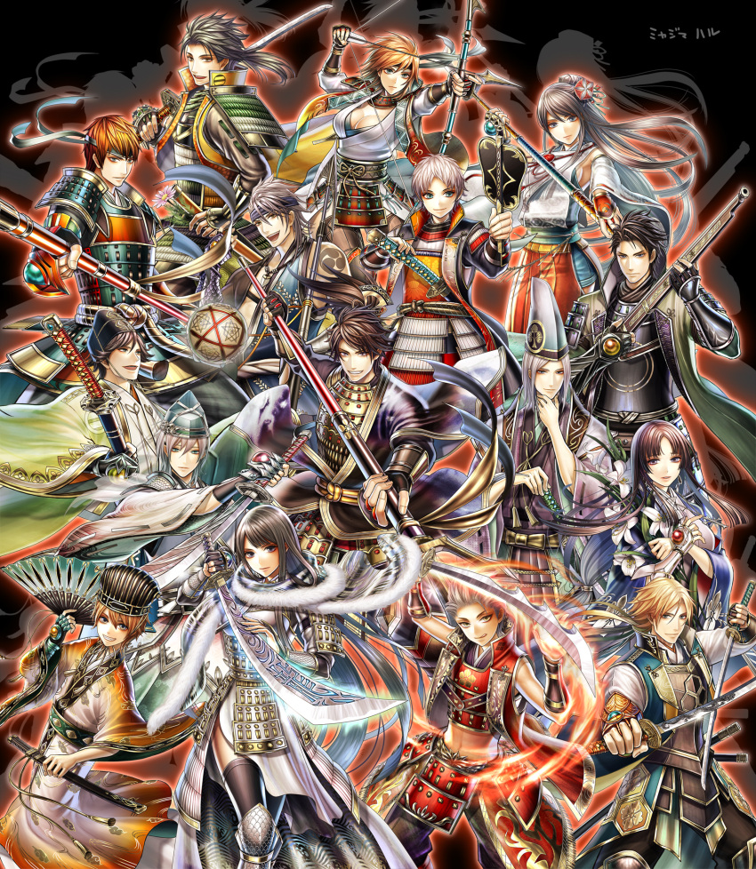 4girls 6+boys armor blonde_hair bow_(weapon) brown_hair fan flower haru_(toyst) hat headband highres hime_cut lily_(flower) long_hair multiple_boys multiple_girls official_art onimusha_soul original short_hair sword tagme tate_eboshi weapon white_hair