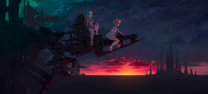 2girls absurdres bandages blue_eyes blush_stickers breasts cannon city cyberpunk green_hair highres kneehighs multiple_girls original red_eyes rtil science_fiction short_hair shorts smile sunset tank_top toeless_legwear tomboy white_hair