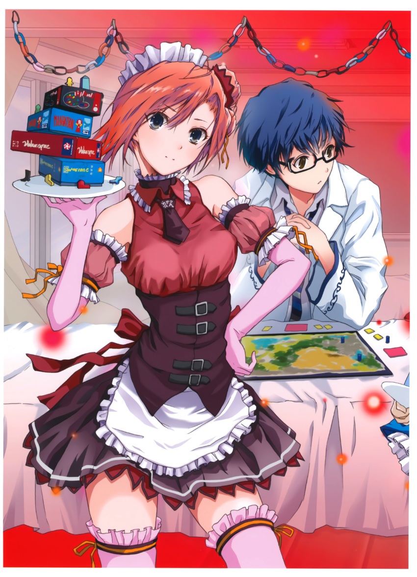 1boy 1girl absurdres blue_hair board_game box character_request corset elbow_gloves frills fuyuno_haruaki glasses gloves grey_eyes hand_on_hip highres maid necktie orange_hair pink_legwear scan shirt short_hair skirt smile table thigh-highs tray
