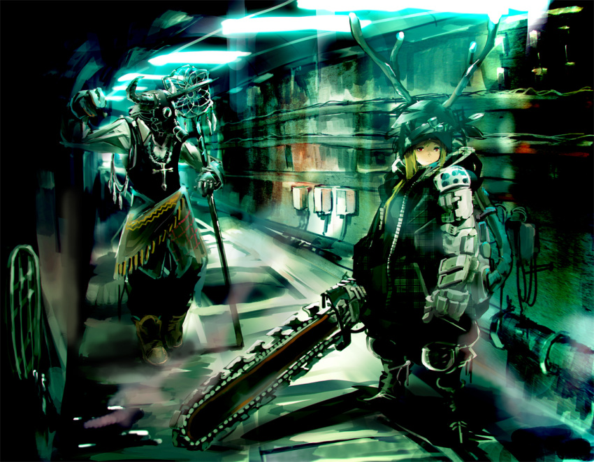 1boy 1girl antlers armor blonde_hair boots chainsaw character_request cross gas_mask hallway helmet red_eyes so-bin wand
