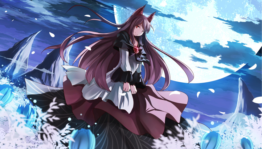 1girl animal_ears brooch brown_hair cloudy_sky dress flower full_moon highres imaizumi_kagerou jewelry long_hair long_sleeves looking_at_viewer moon night night_sky petals red_eyes risutaru shirt skirt sky solo tail touhou wide_sleeves wolf_ears wolf_tail